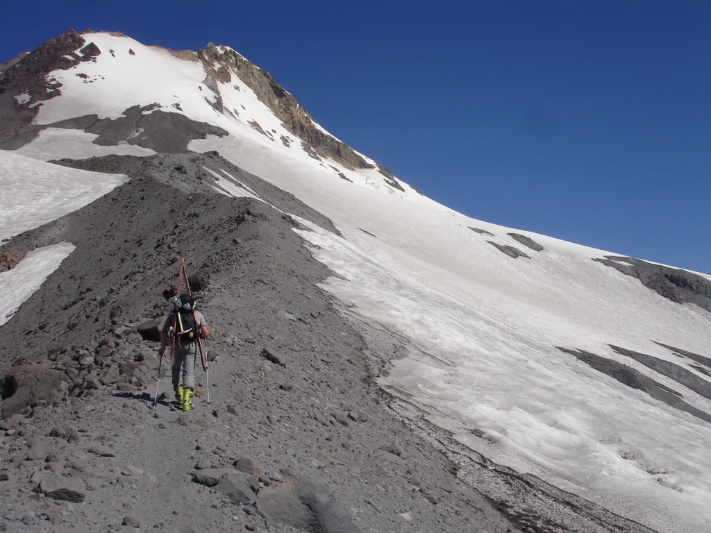 Climbing up Mount Hood with the Wy'East Route in the distance