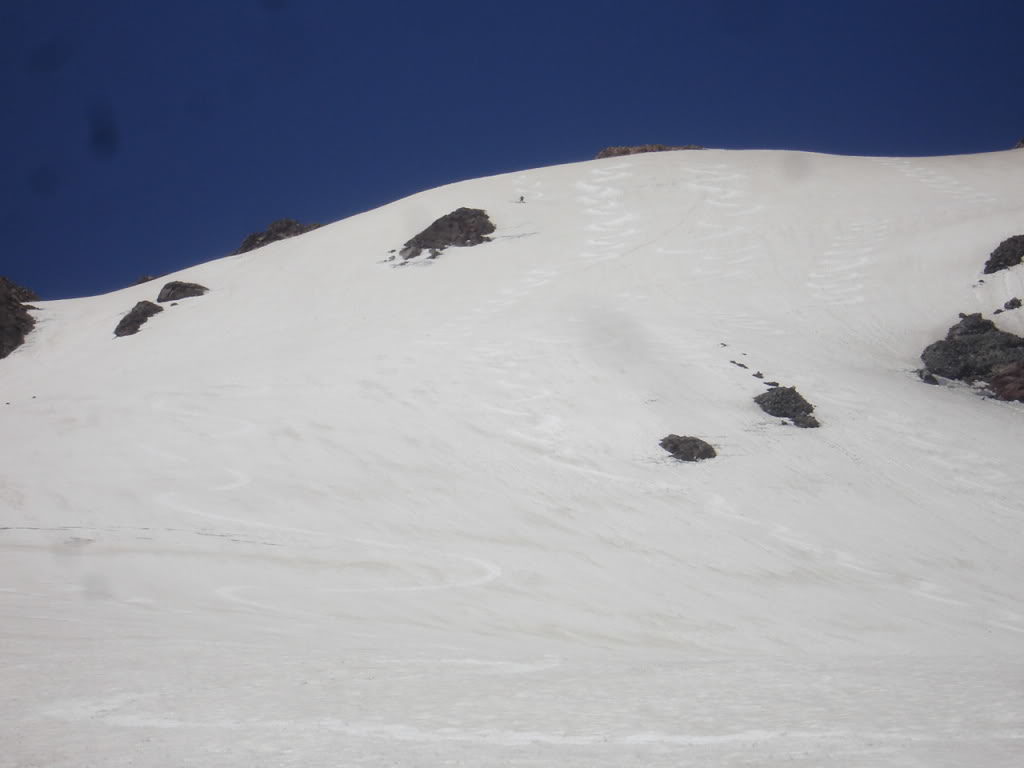 Skiing down the Wy'East Headwall on Mount Hood in perfect corn snow