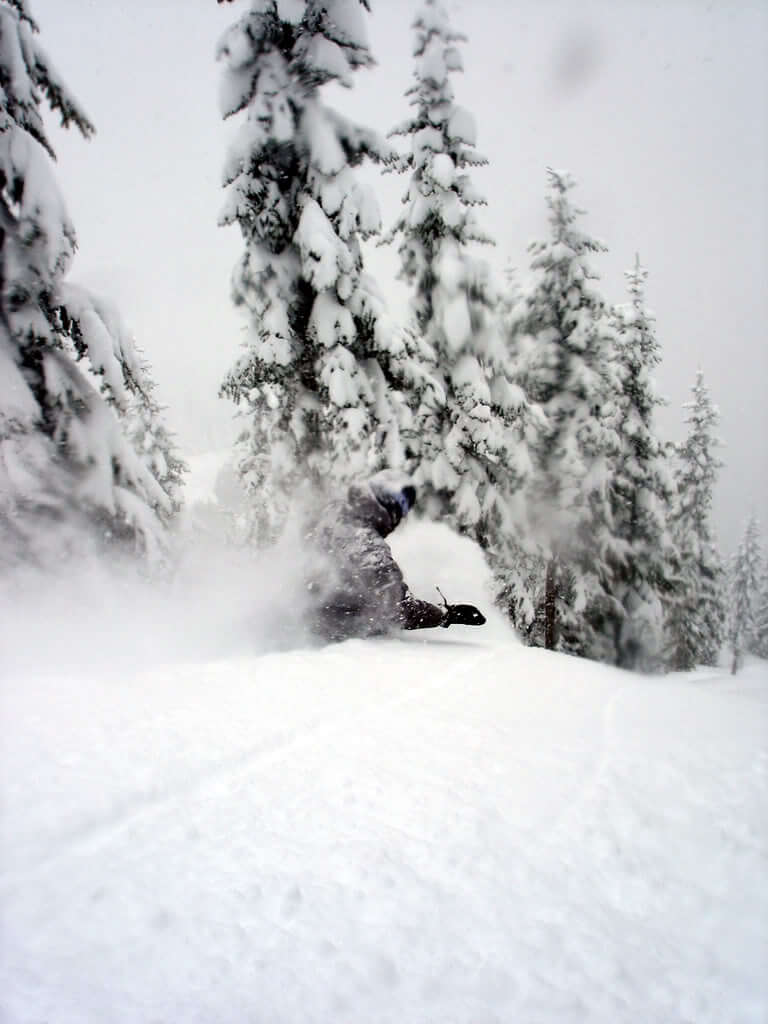 Powder day at Crystal Mountain while skiing in the Northback