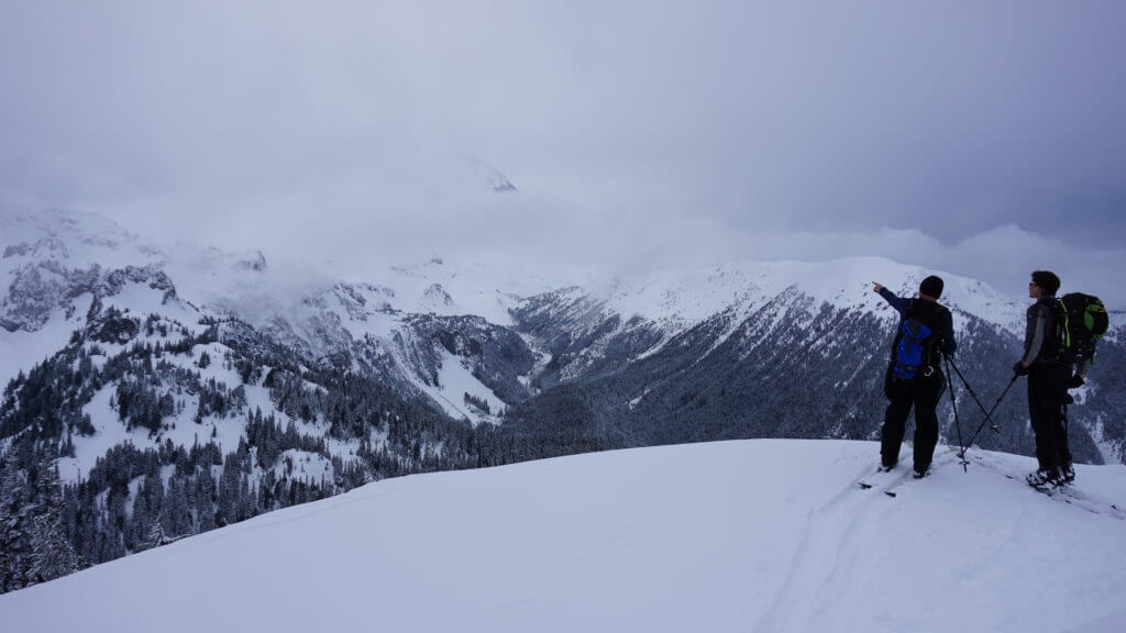 Looking out into the White River area of Mount Rainier National Park while ski touring in the mid winter near