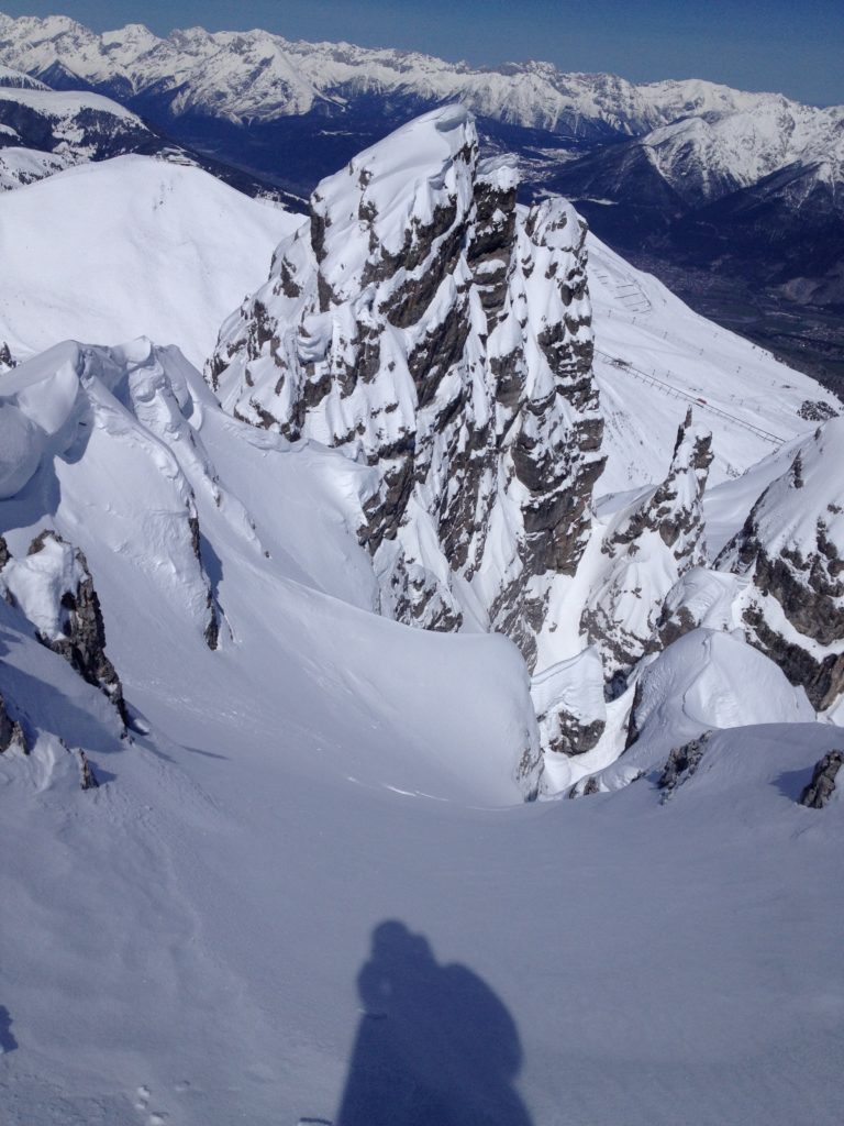 Looking into a steep couloir in the Axamer Lizum Backcountry