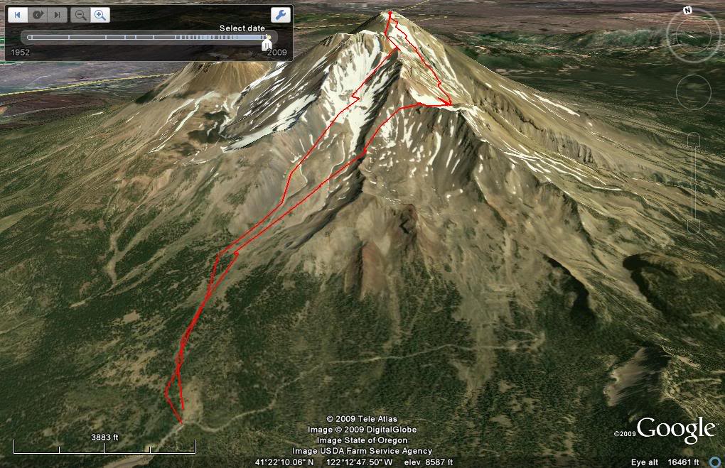 Our route Map climbing Mount Shasta via the Avalanche Gulch before descending the Konwakiton Glacier