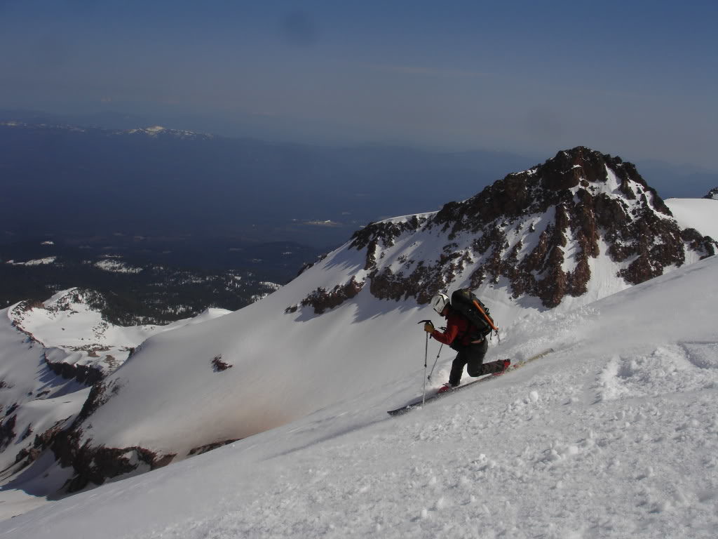 Making some great ski turns on the lower slopes of Mount Shasta