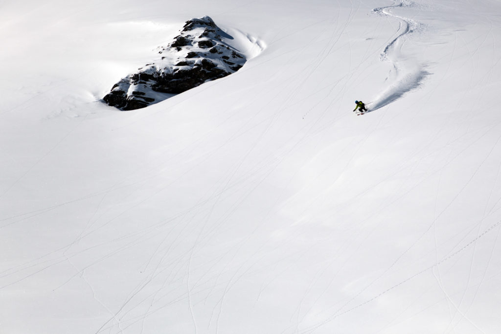 Laying down tracks while skiing in the backcountry