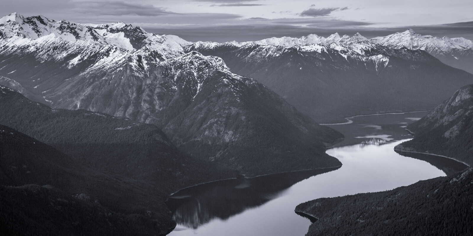 A fly by photo of Ross Lake taken by John Scurlock in the North Cascades of Washington State