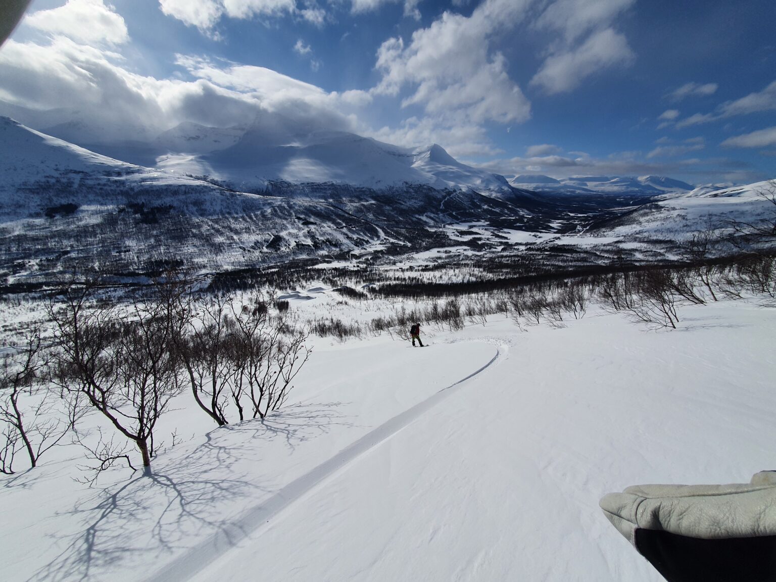 Dropping into our first snowboard run of the day