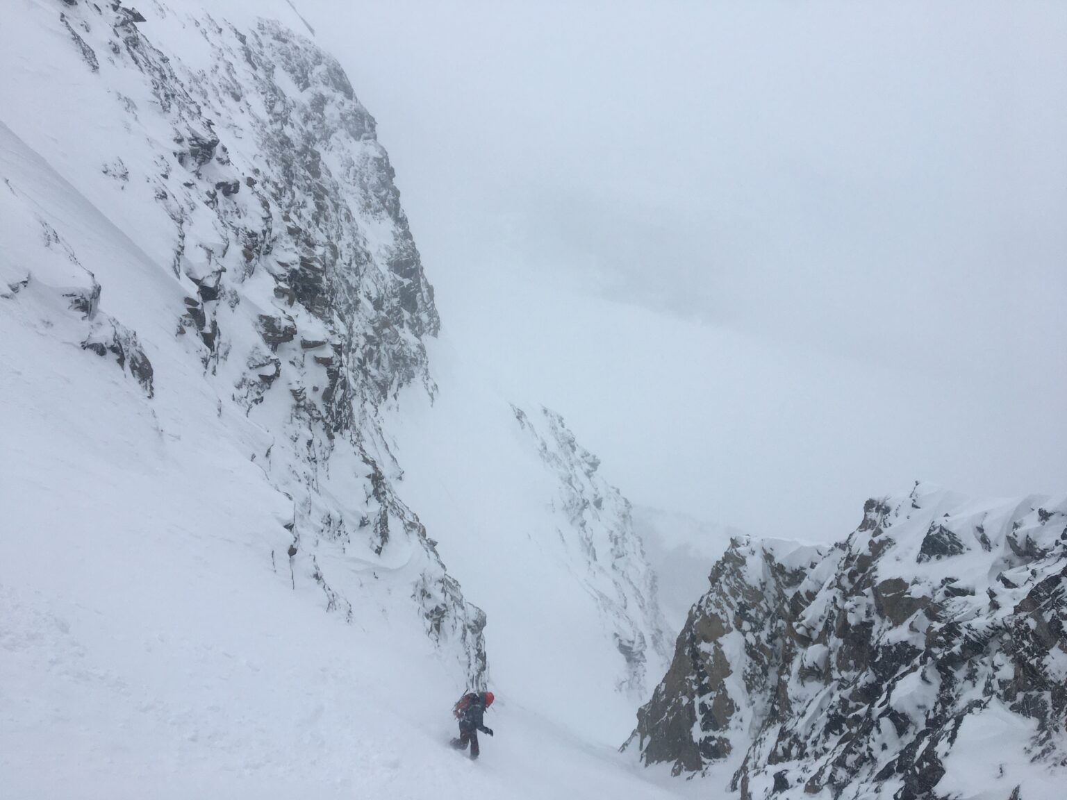 Riding down the lower section of the West Couloir of Rostafjellet