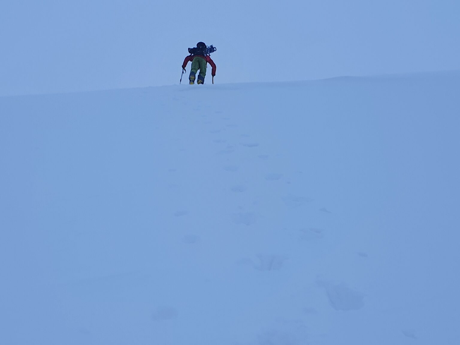 Climbing up the South face of Sjufjellet in the Tamokdalen Valley