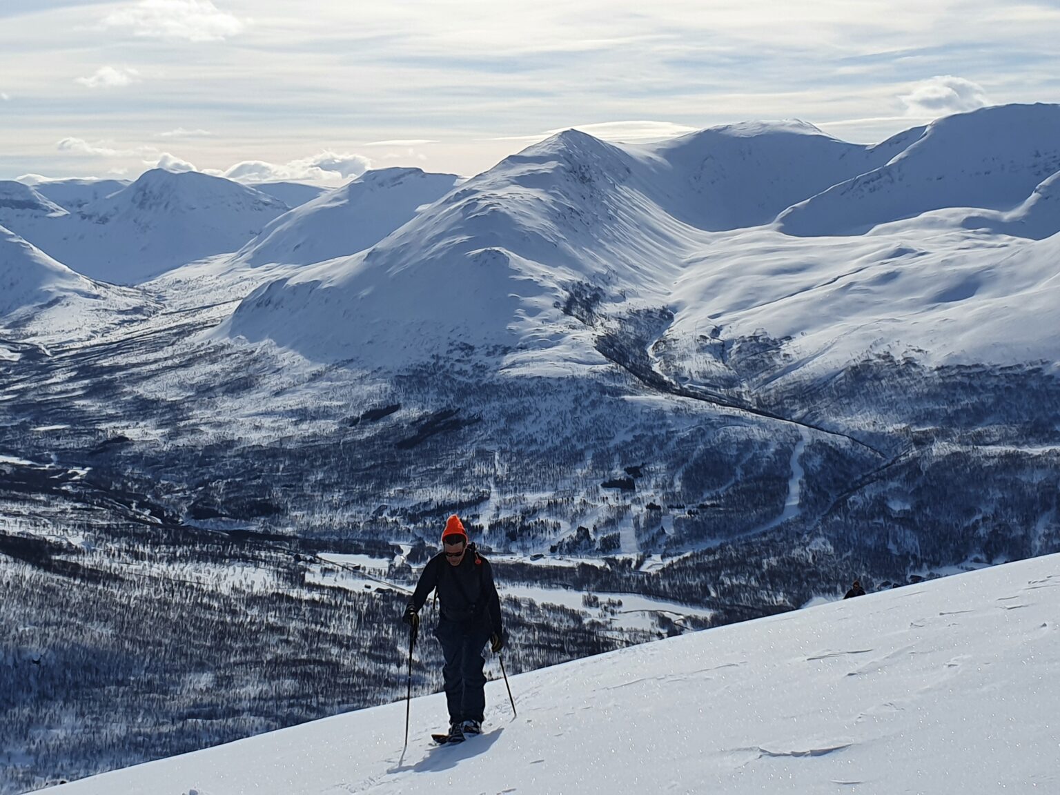 Climbing up Sjufjellet with the whole area backyard of Tamok Husset in the background