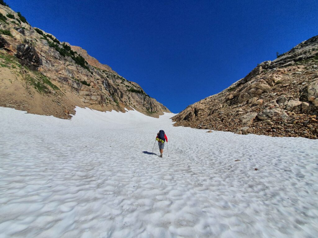 Looking up at Spider Gap as we start hiking on snow