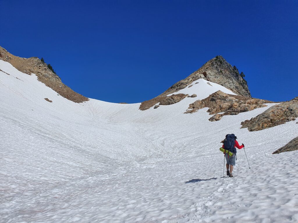 Looking at the final pitch of snow before arriving at Spider Gap