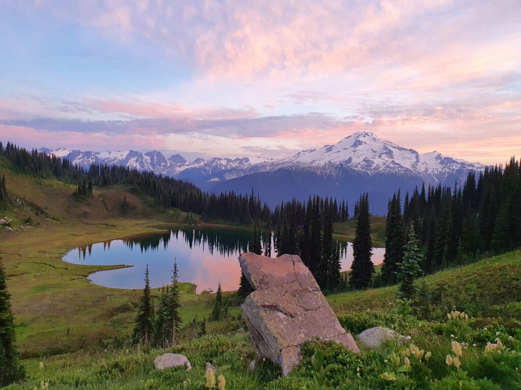 Watching the sunset over Glacier Peak and Image Lake in the North Cascades of Washington State