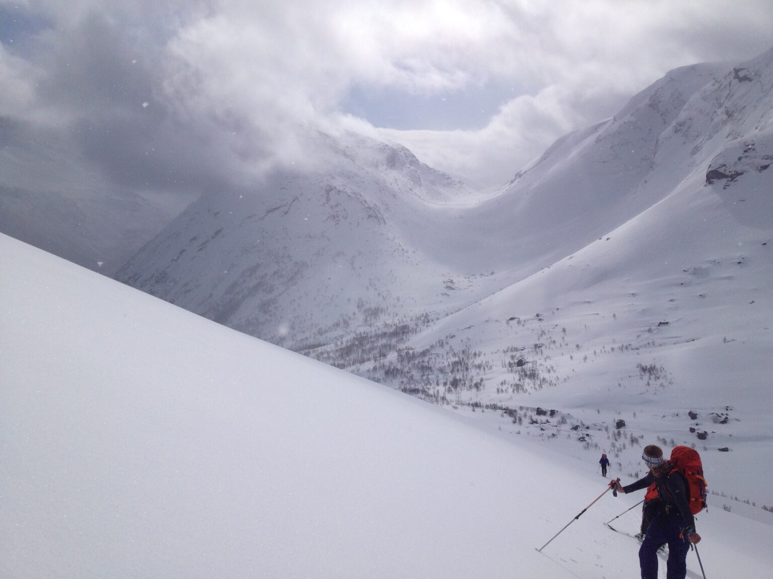 Ski touring up the south slopes of Gangnesaksla