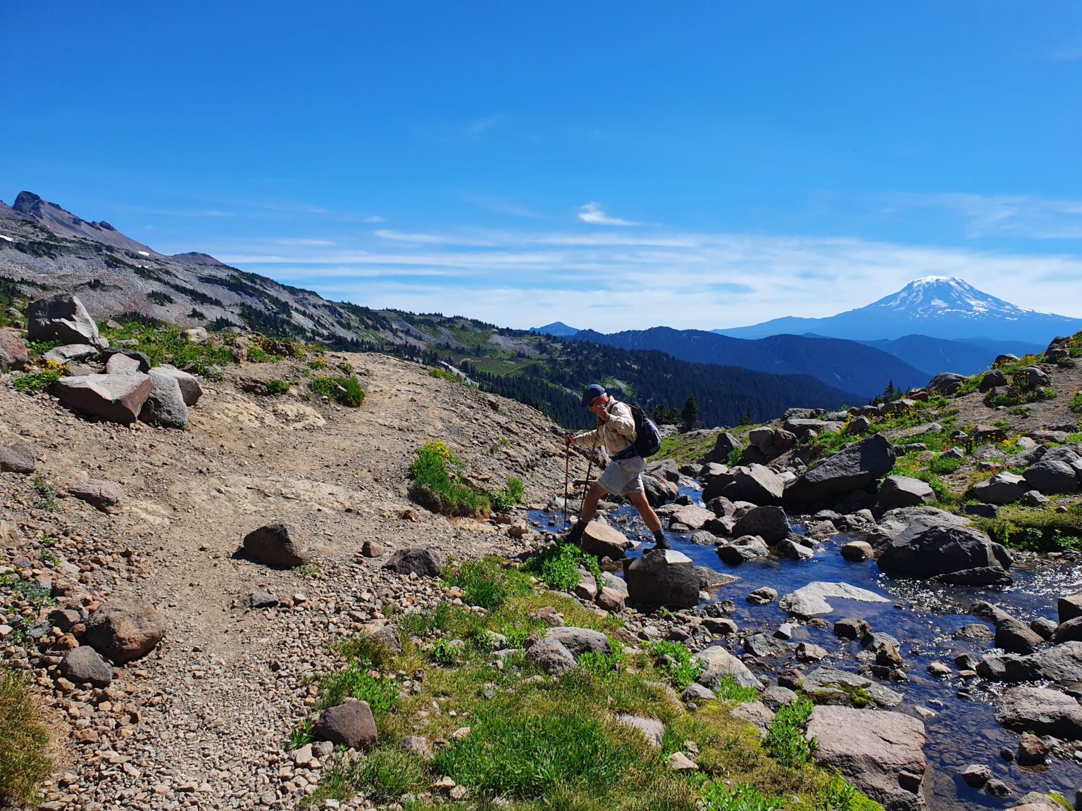 Passing a stream with Mount Adams in the background