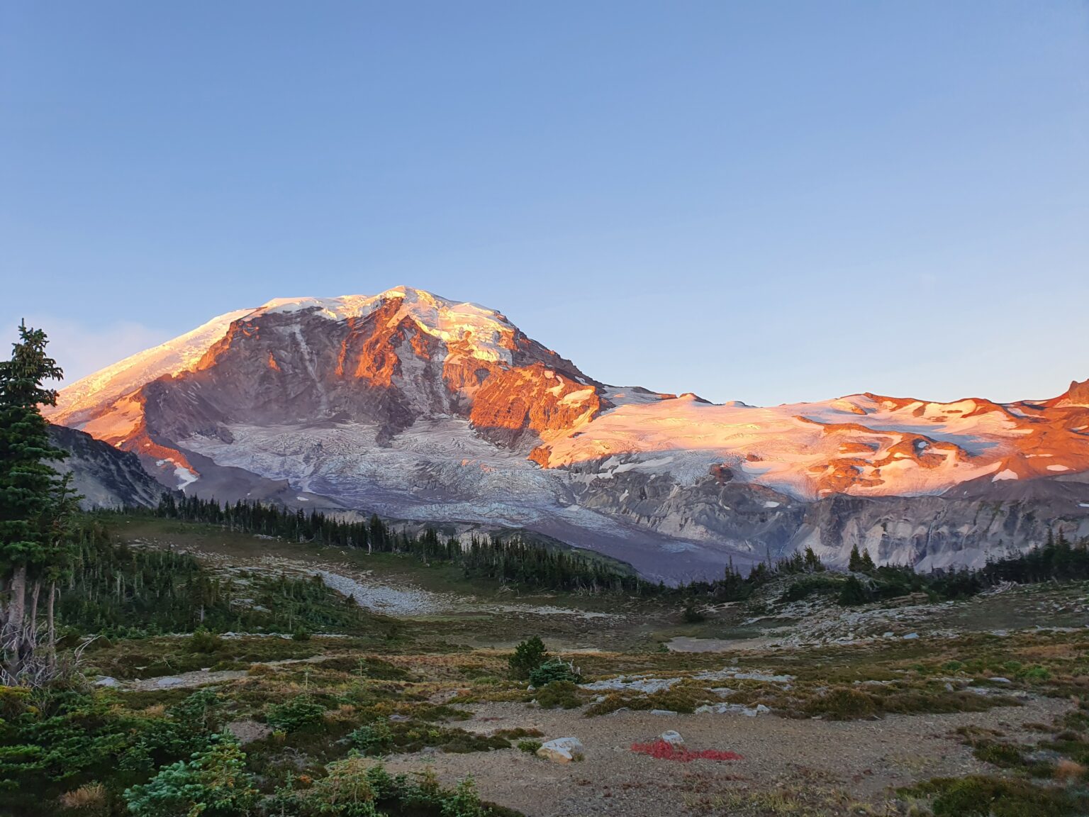 Waking up to the perfect sunrise over Mount Rainier in Moraine Park