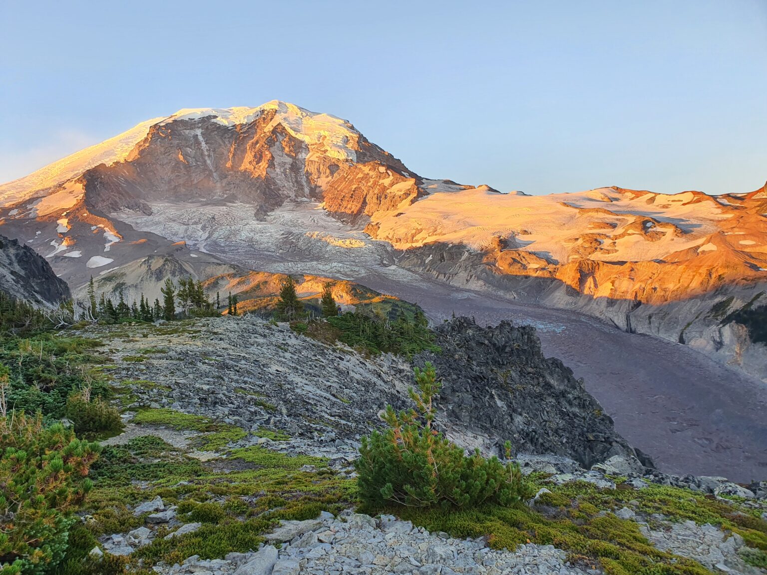 Looking out at Mount Rainier and the Carbon Glacier from Moraine Park