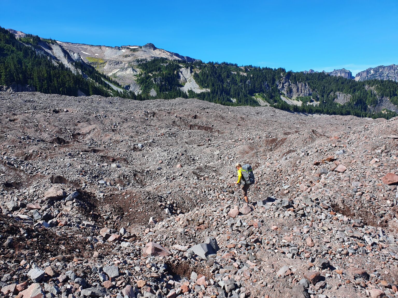Hiking across the Carbon Glacier during the summer