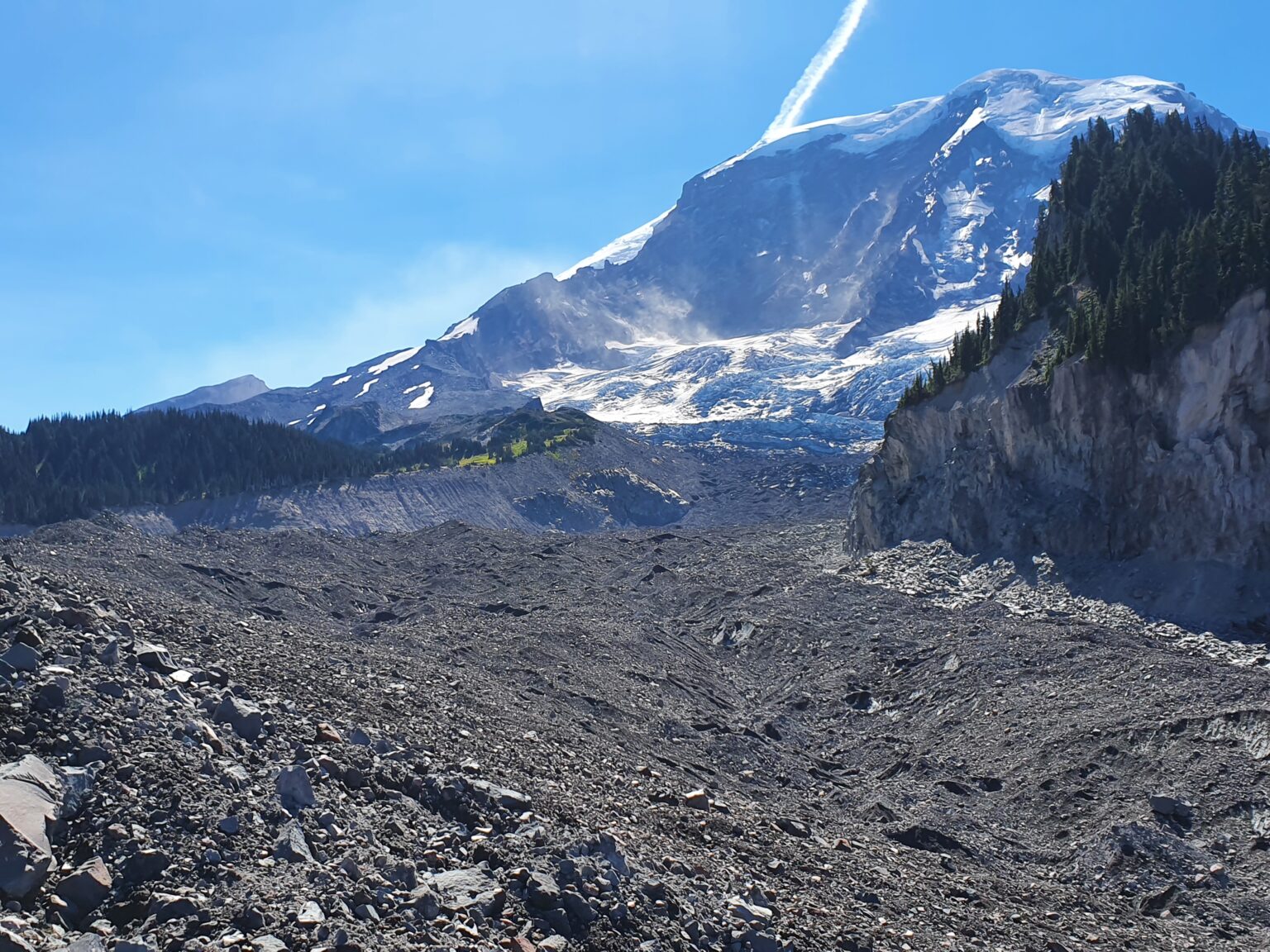 Looking back up the Carbon Glacier as we hike among the boulders