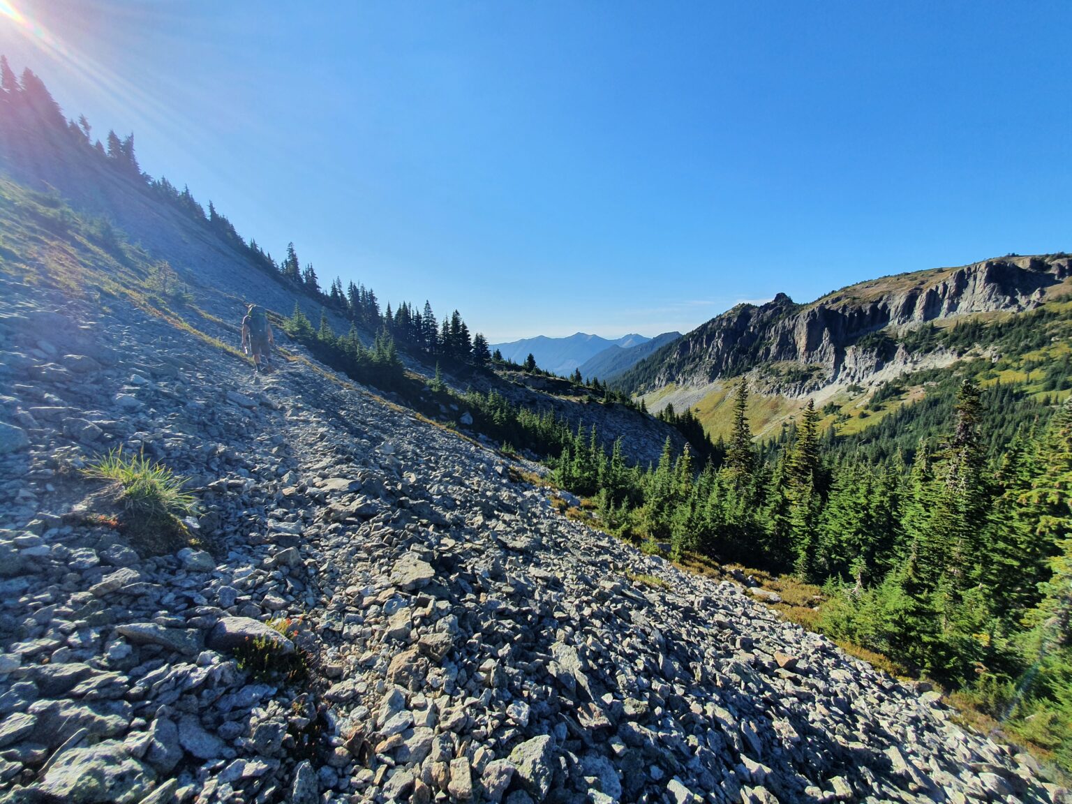 Hiking across Talus towards Cresent Lake off of the Northern Loop Trail