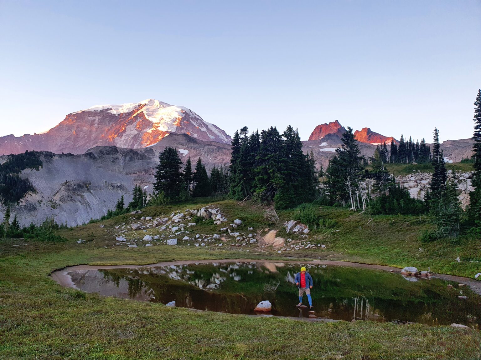 Jason getting the perfect shot of Mount Rainier at sunrise