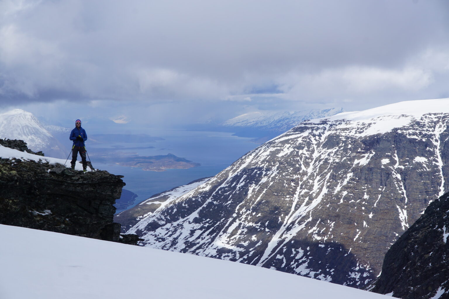 Looking into a couloir with the Lyngenfjord in the distance