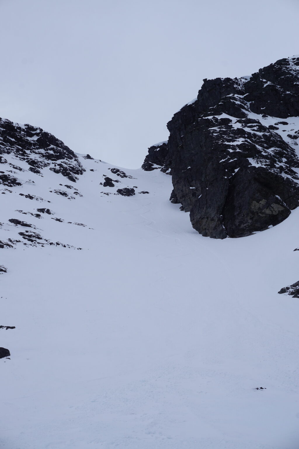 Looking back up a couloir after we snowboarded it