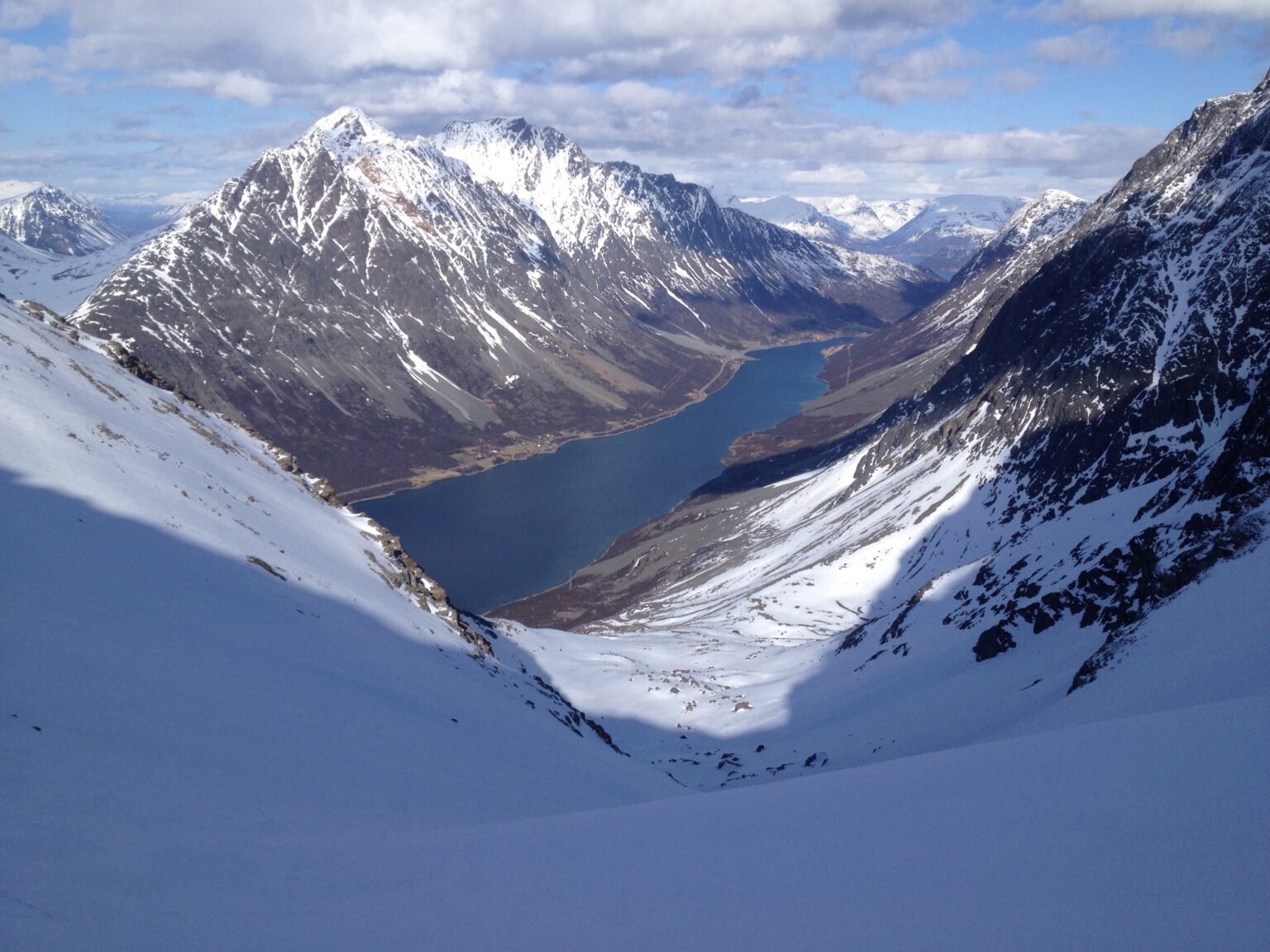 Looking down towards one of many fjords in the Lyngen Alps of Norway