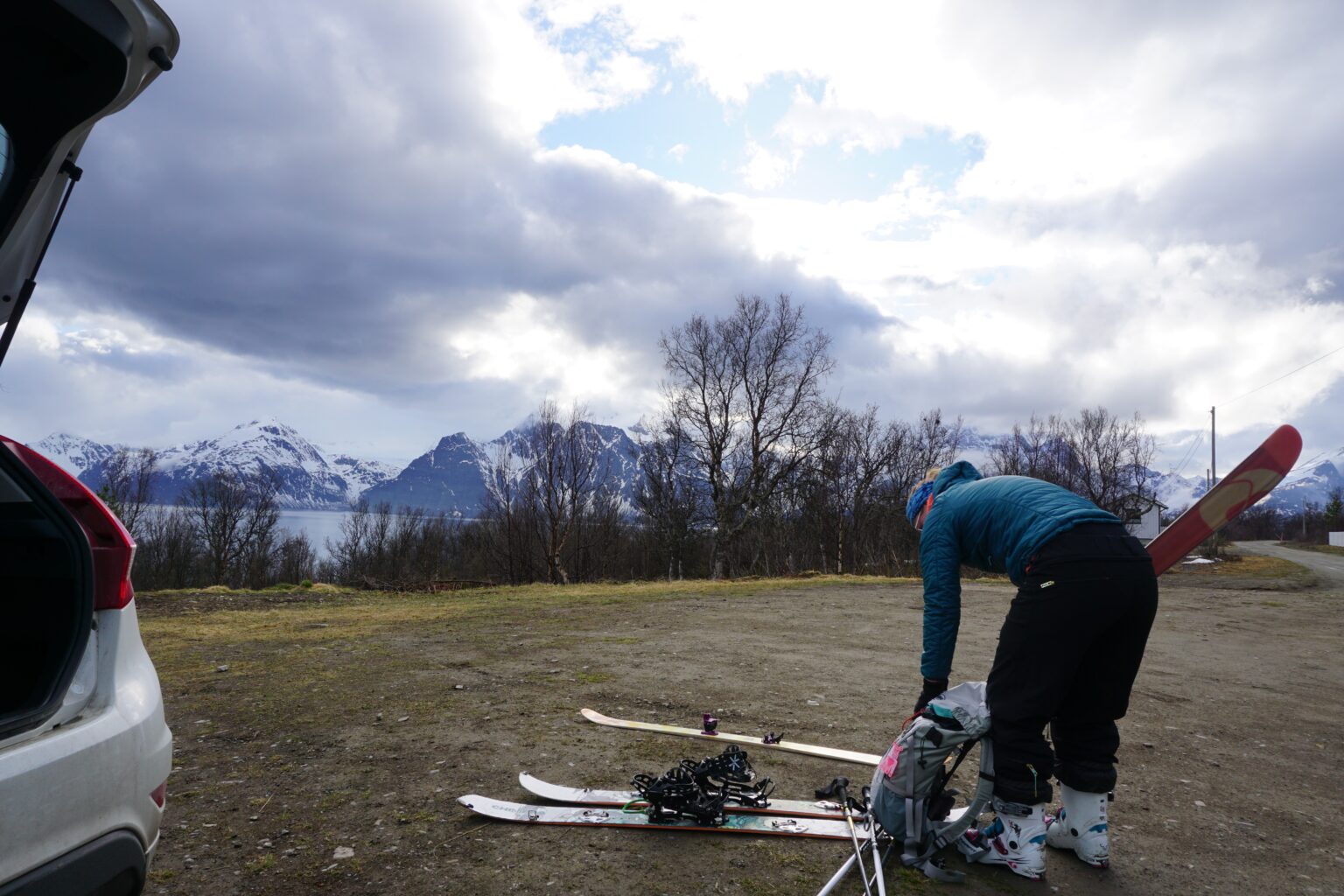 Packing our ski gear at the trailhead for Storhaugen