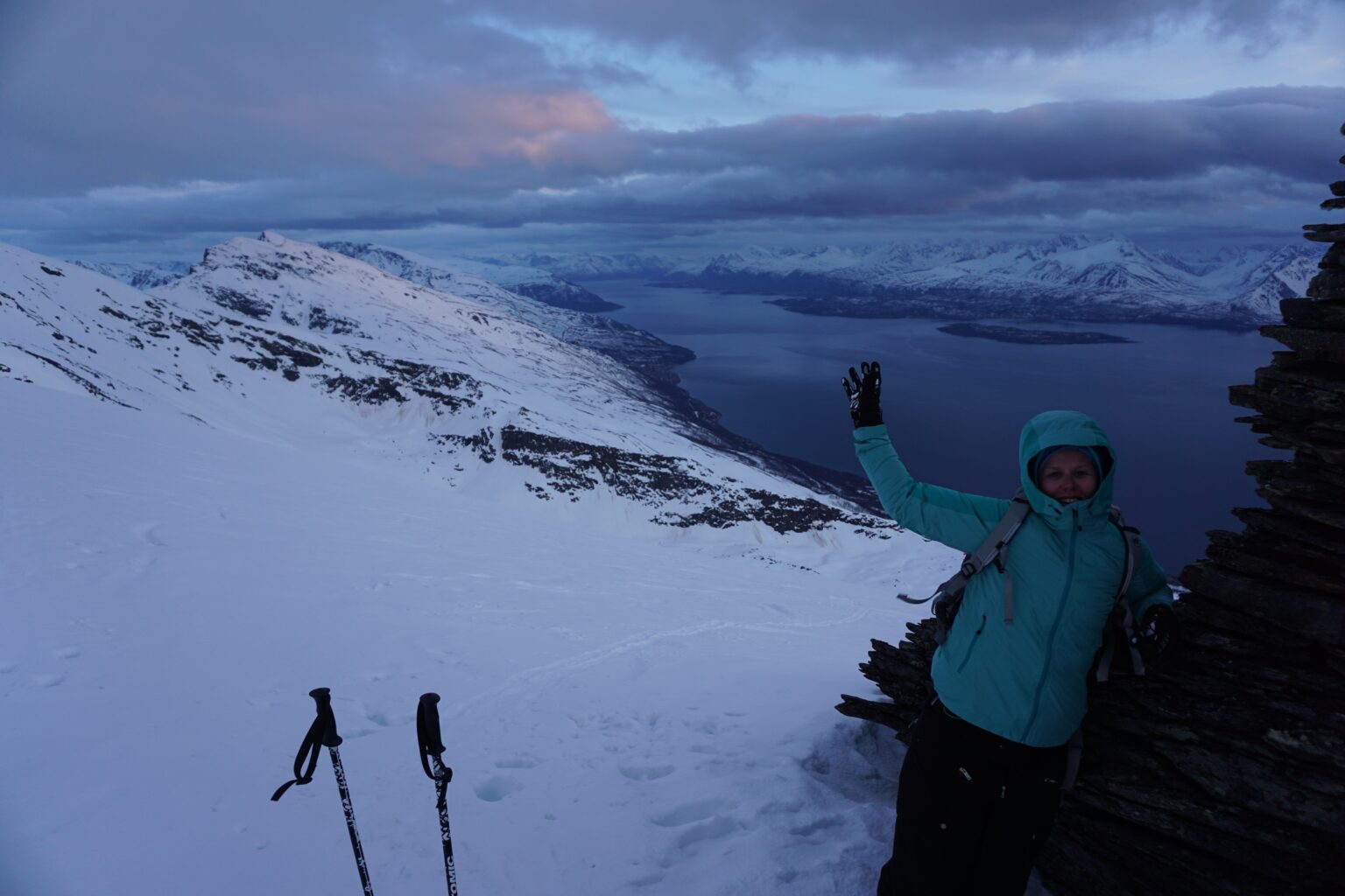 Jenni standing on the summit of Storhaugen