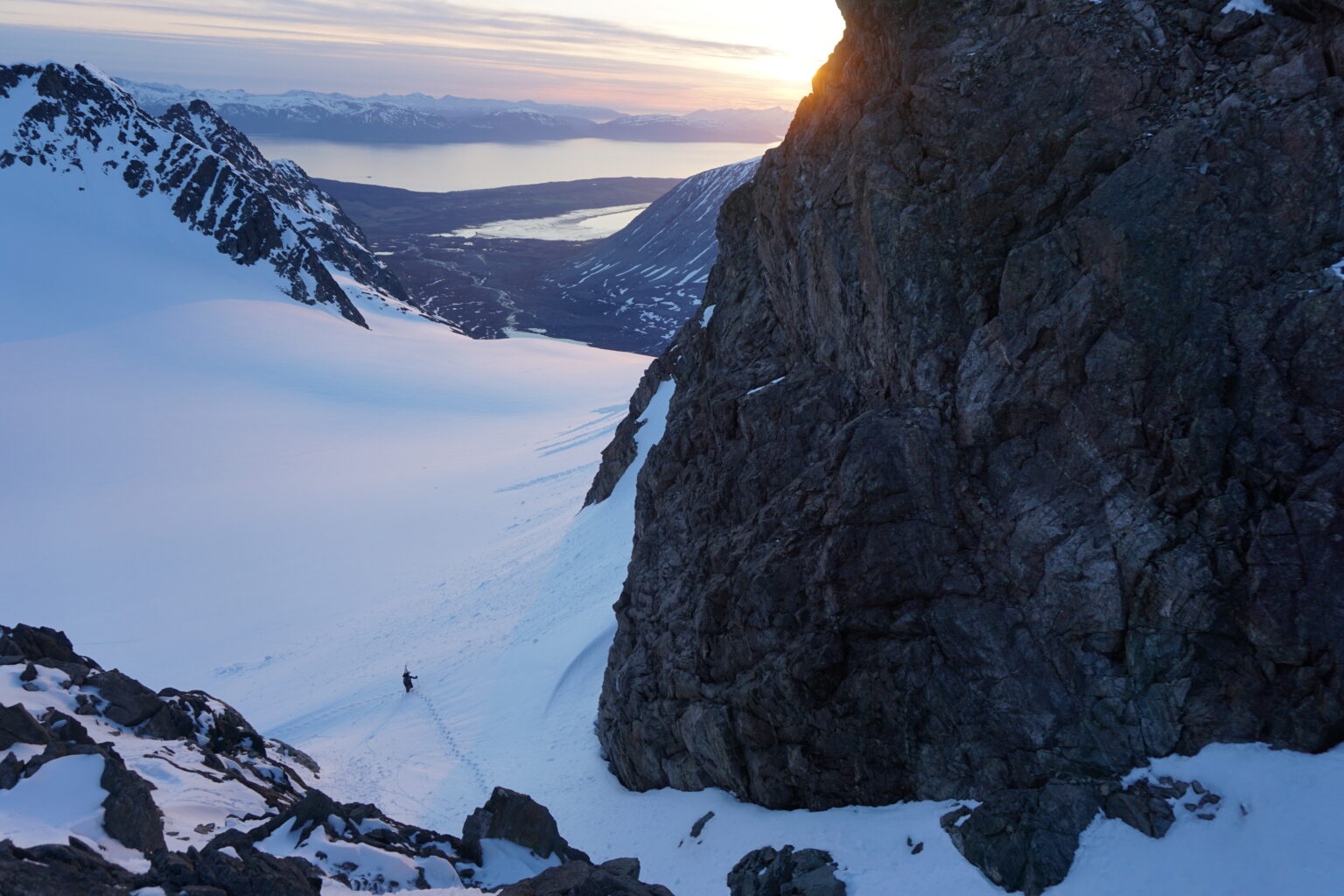 Climbing up to the final col of the Lenangsbreen Glacierthe Lenangsbreen Glacier with the Strupbeen Glacier in the background