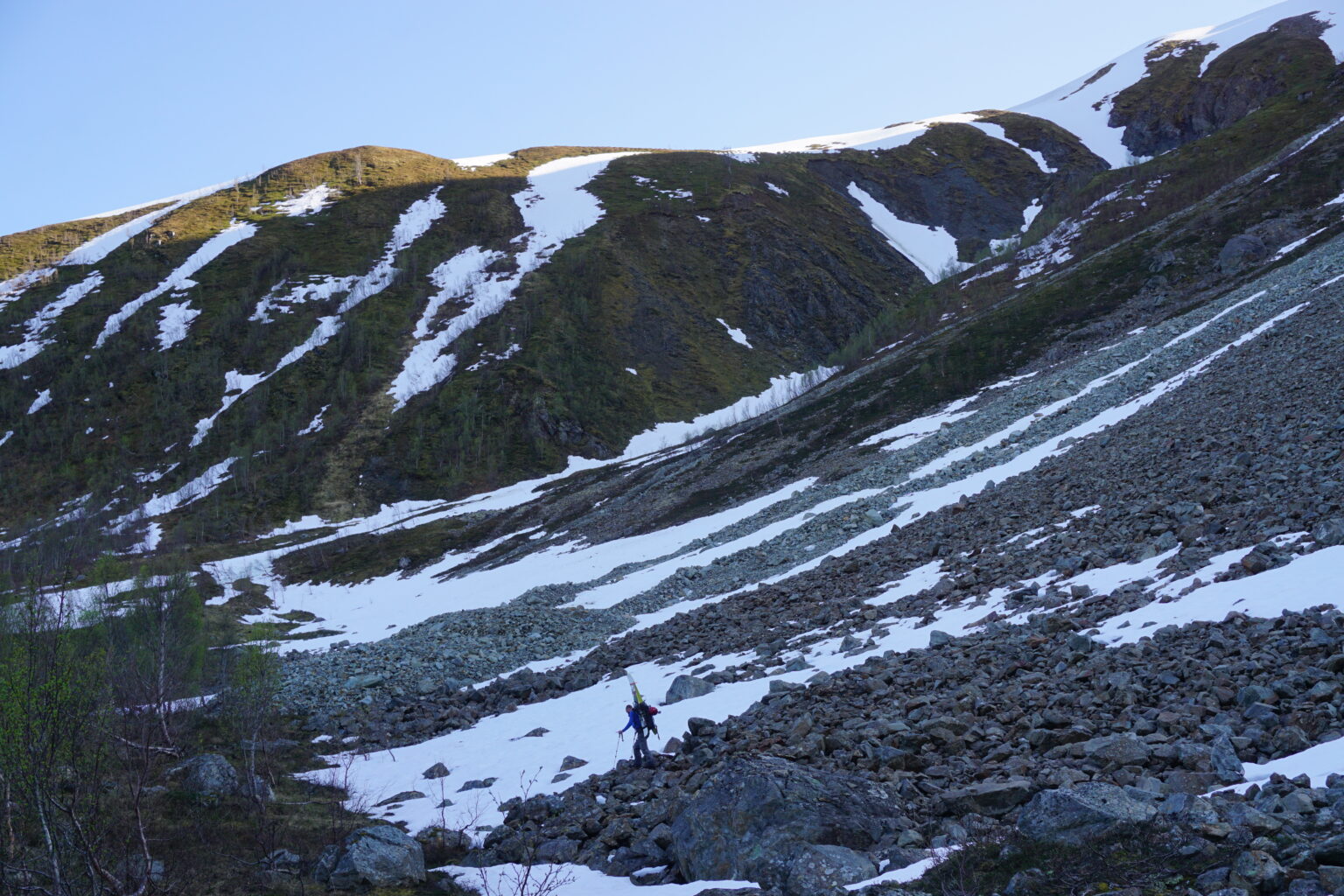 Hiking through the lower scree field back to Struben Village