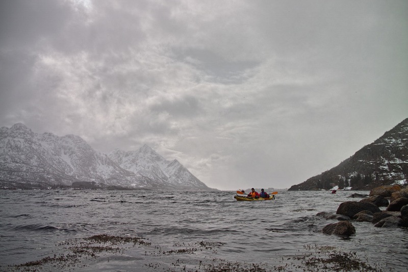 Kayaking out to our first ski run