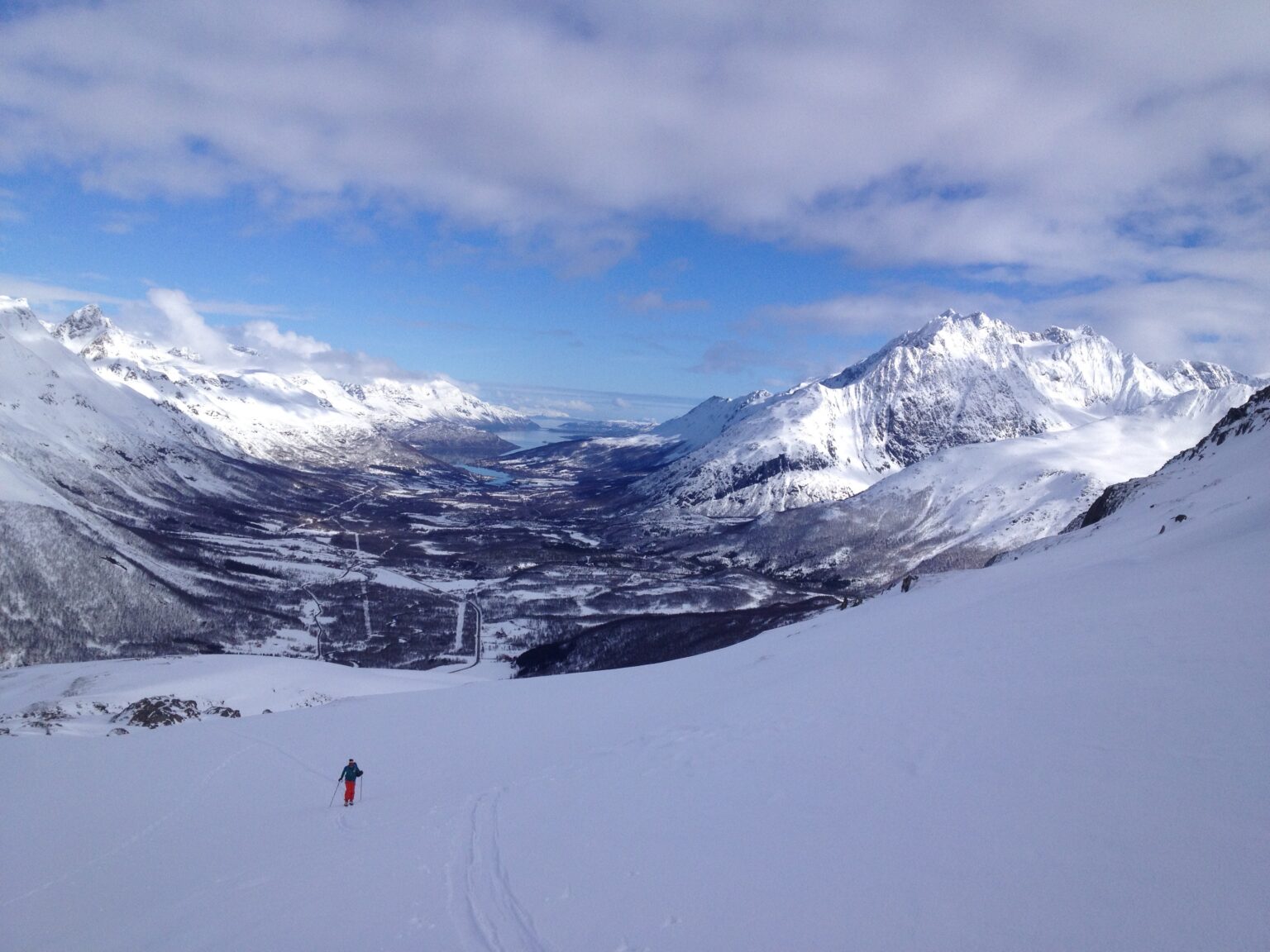 Ski touring with the Lakseldalen Valley in the distance