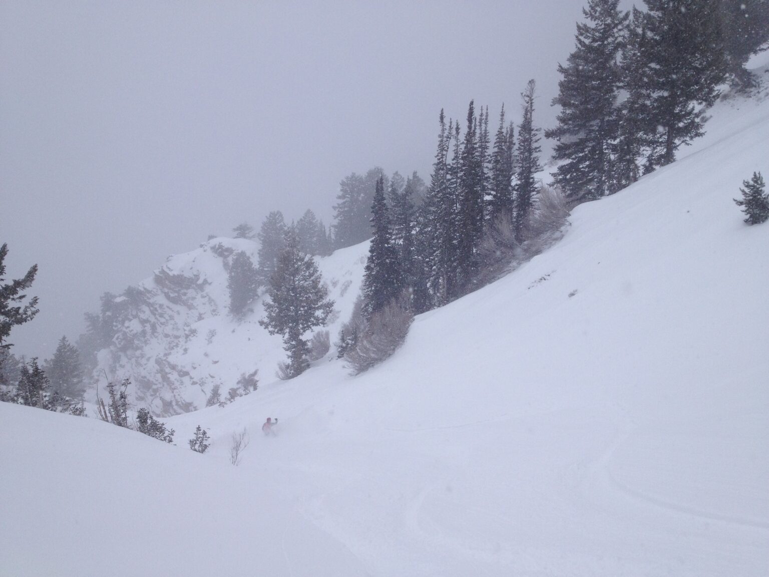 Snowboarding into the main gully of Argenta West Face