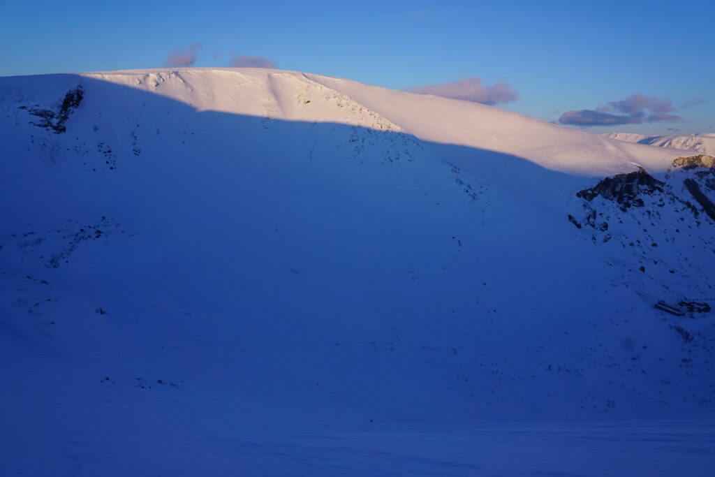 Looking back up at a bowl we rode in the Kukisvumchorr Backcountry