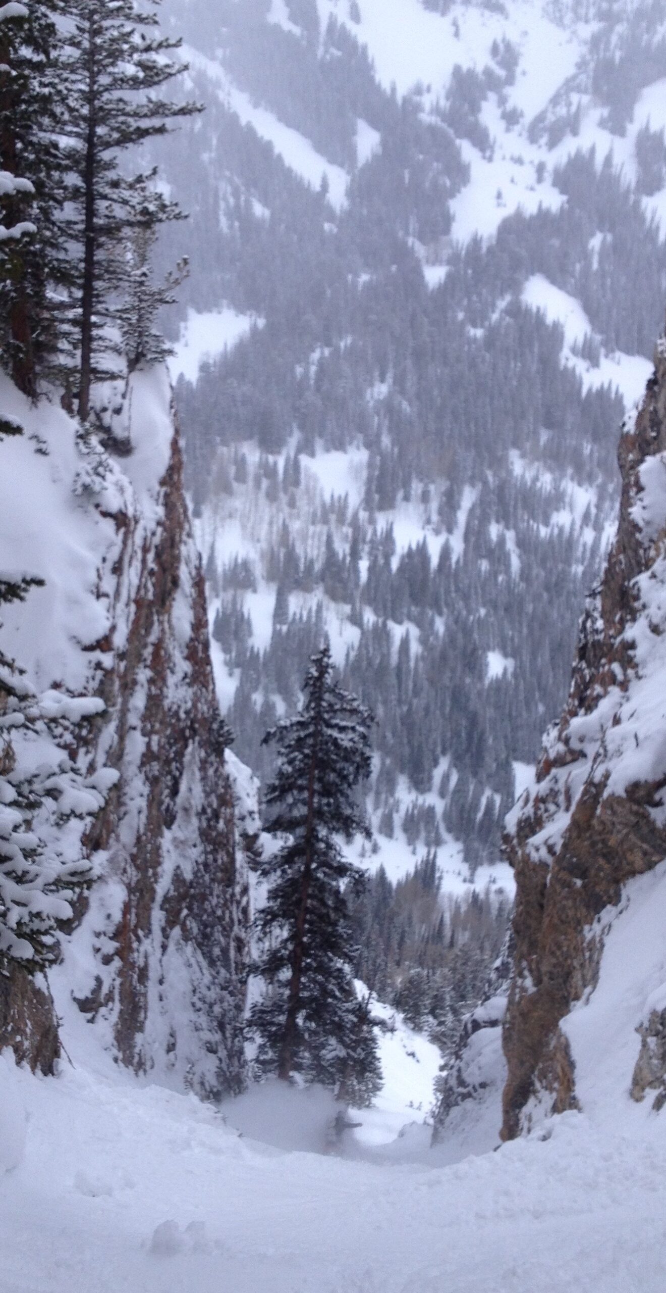 Snowboarding down the Benson and Hedges couloir in the Wasatch Backcountry of Utah