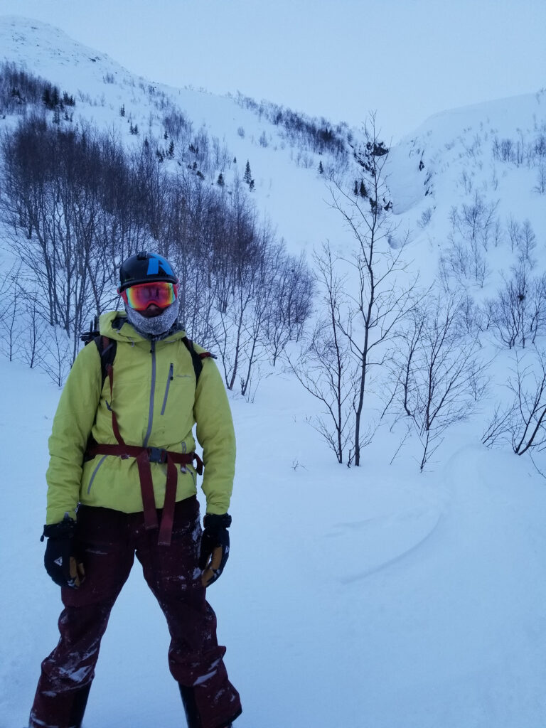 Snowboarding to the bottom of the backcountry near Big Wood Ski resort in NW Russia