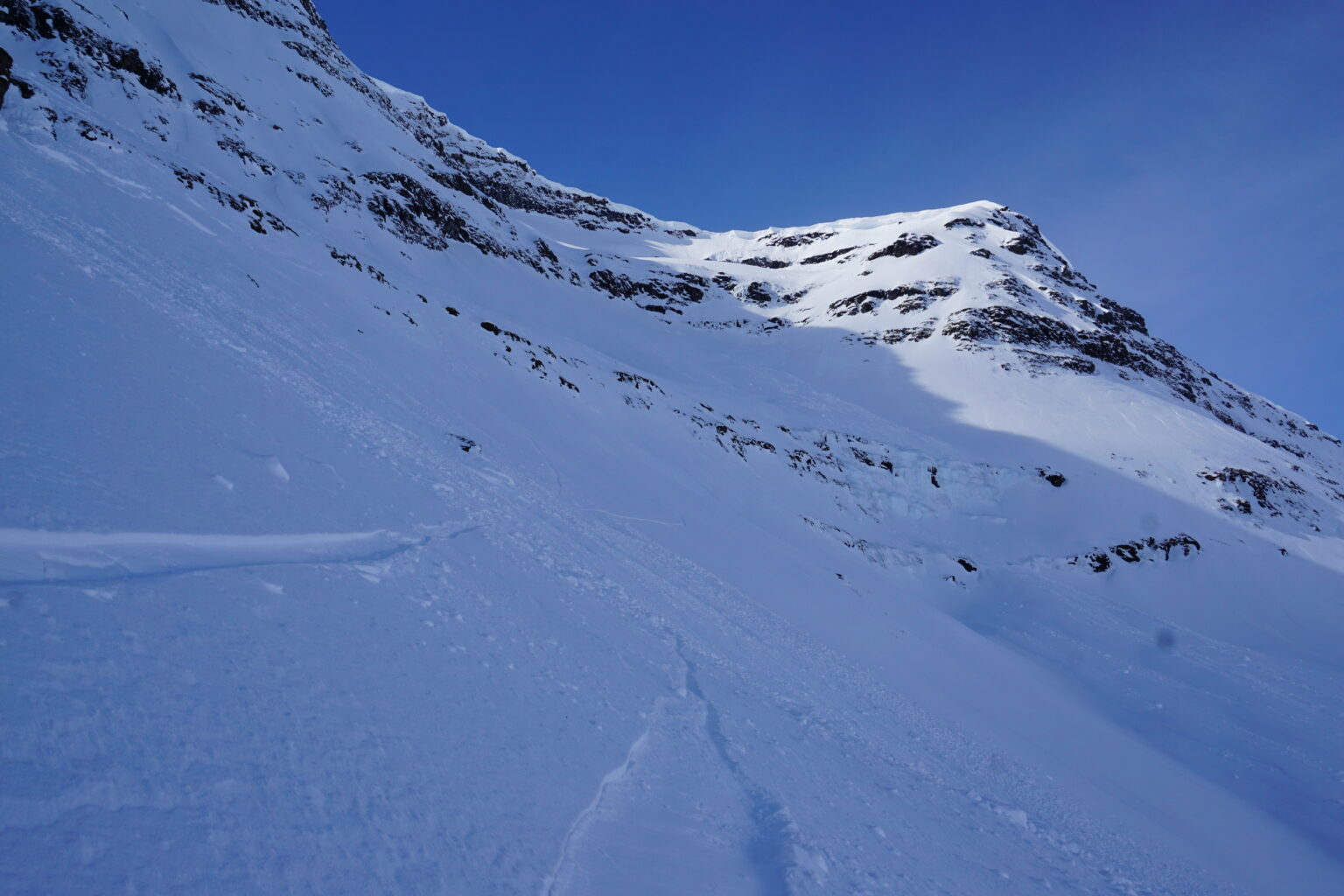 Looking back up at the crux of the Blåbærfjellet Northeast bowl