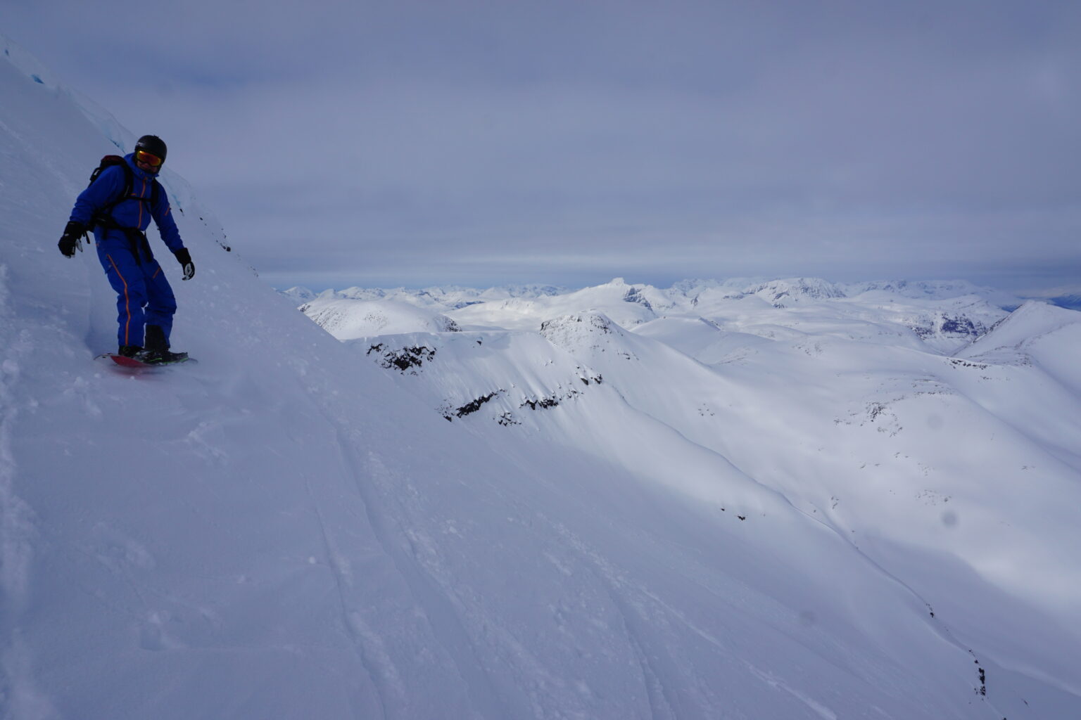 Finishing snowboarding the traverse