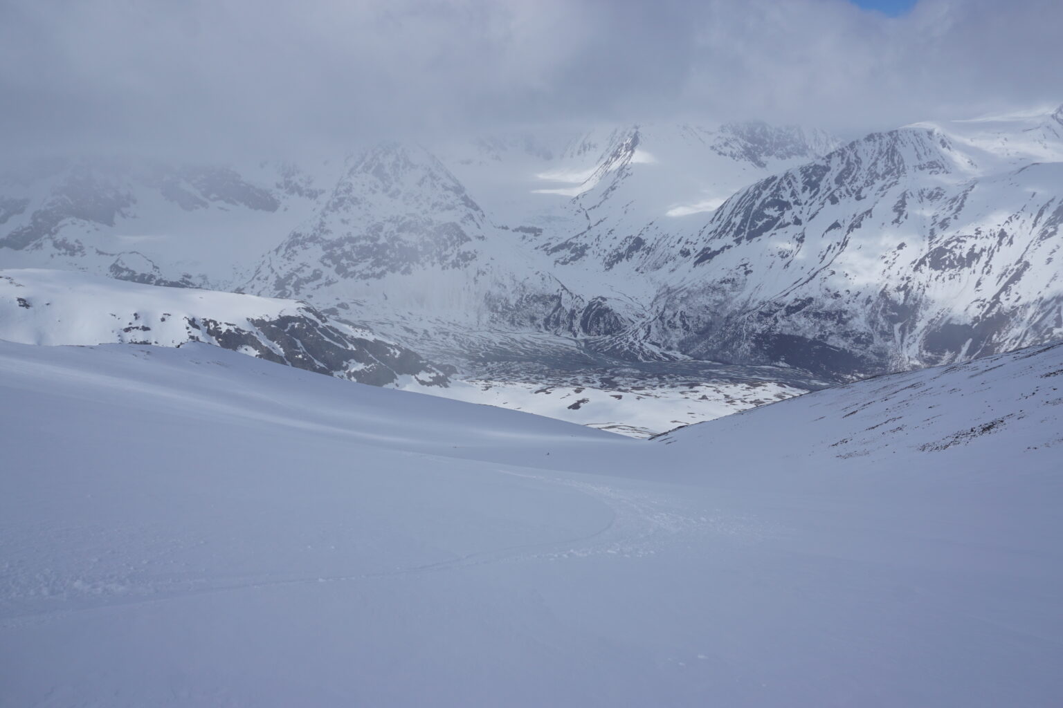 Looking down the Northwest bowl of Daltinden in the Lyngen Alps of Norway