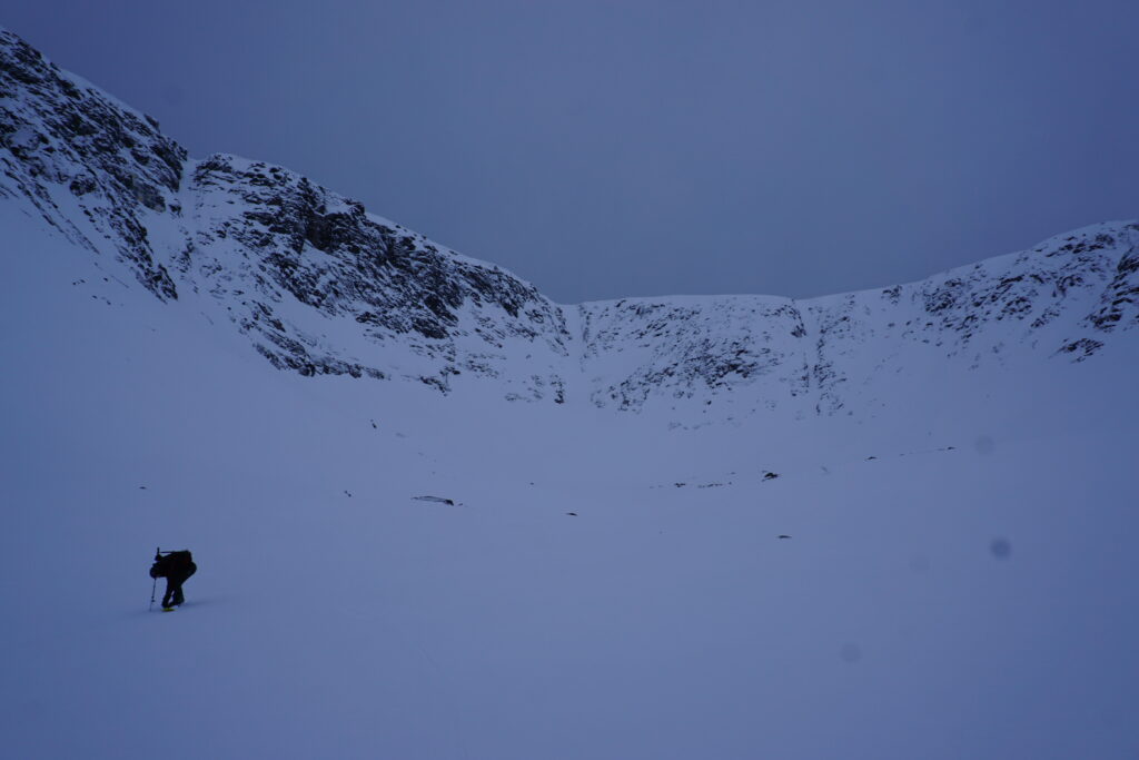 Looking back up at the North chutes of Mount Aikuaivenchorr
