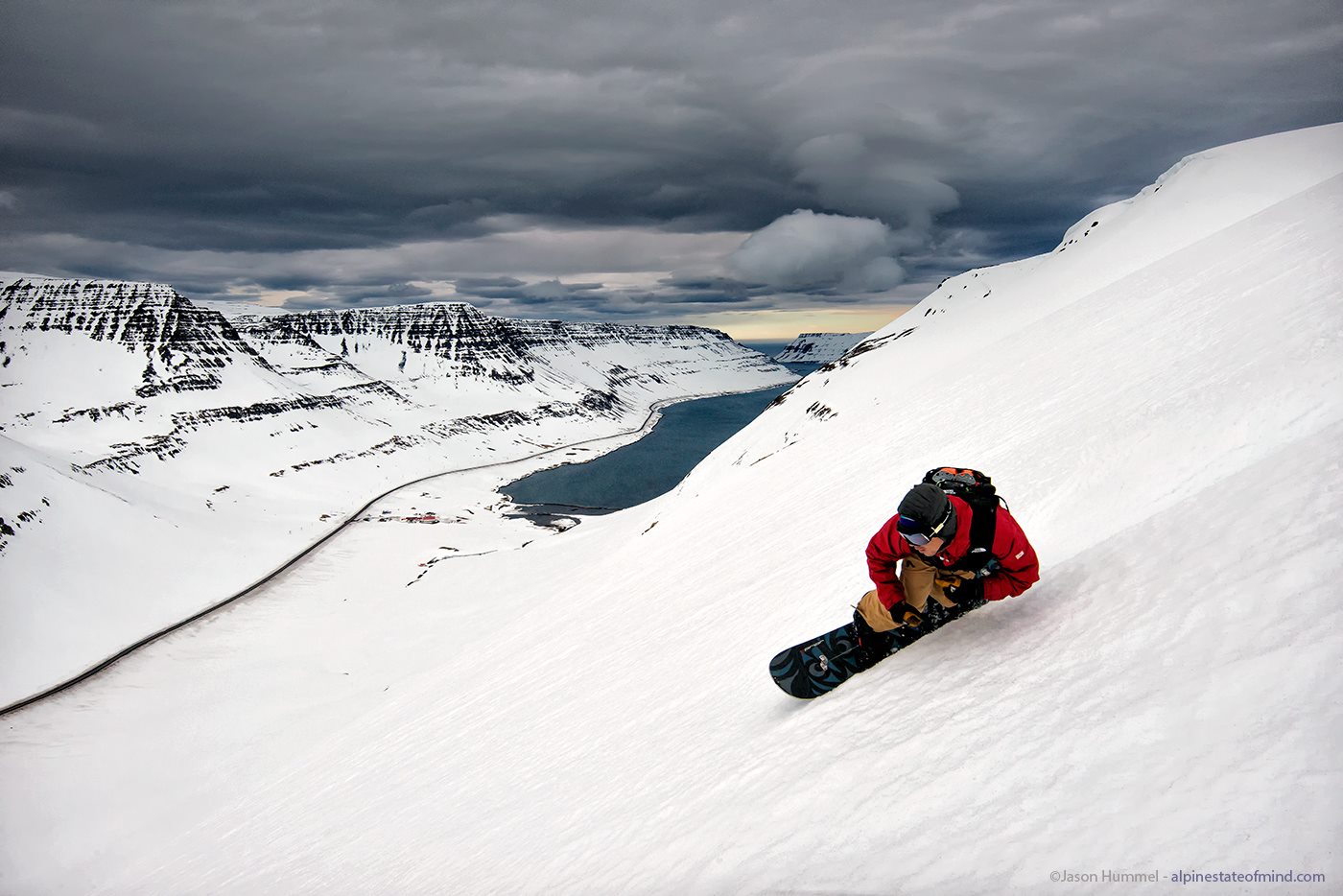 Making some snowboard turns in the Westfjords of Iceland before heading to Eyrarfjall