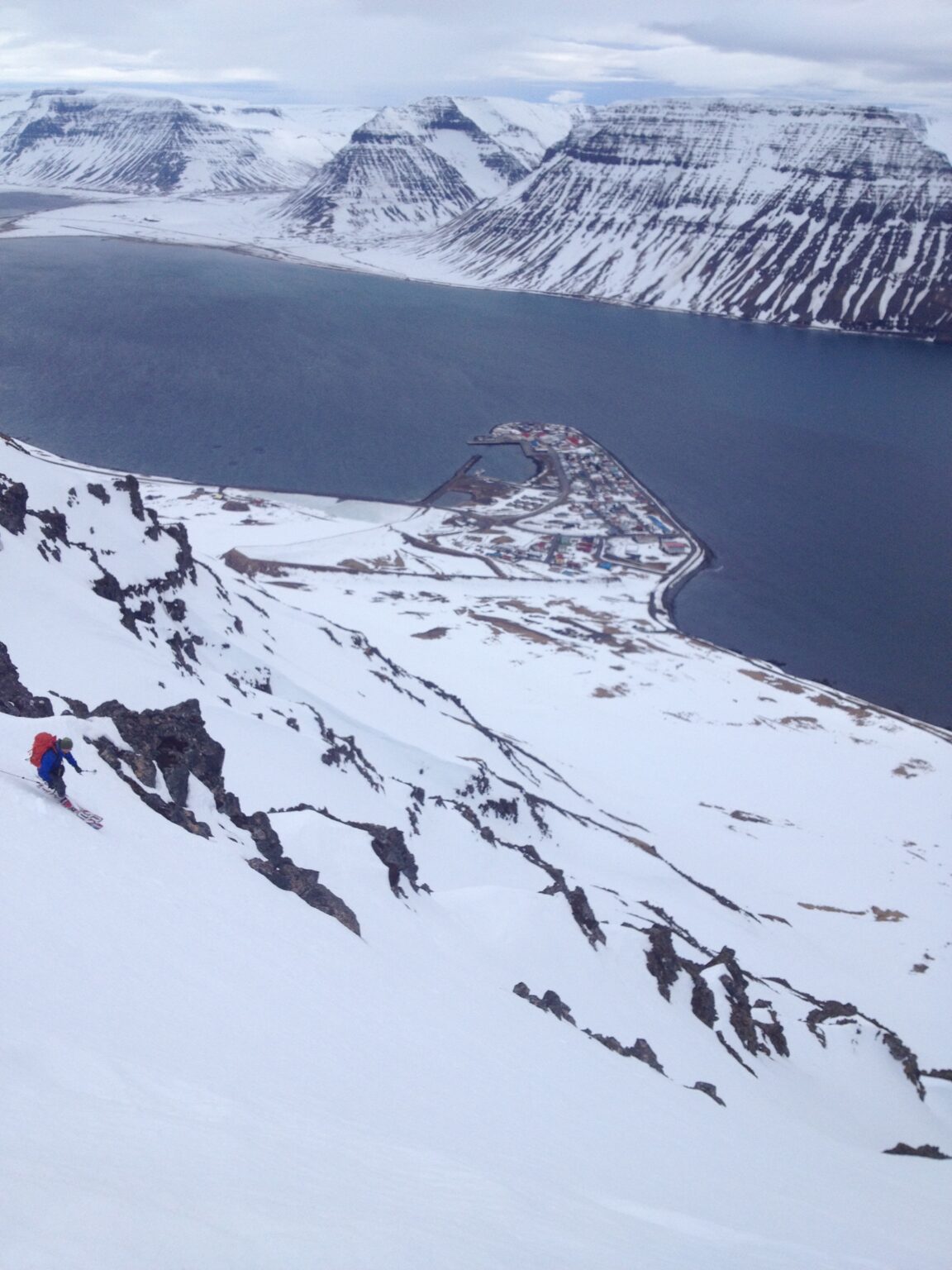 Checking out the snow conditions in the South Couloir of Eyrarfjall