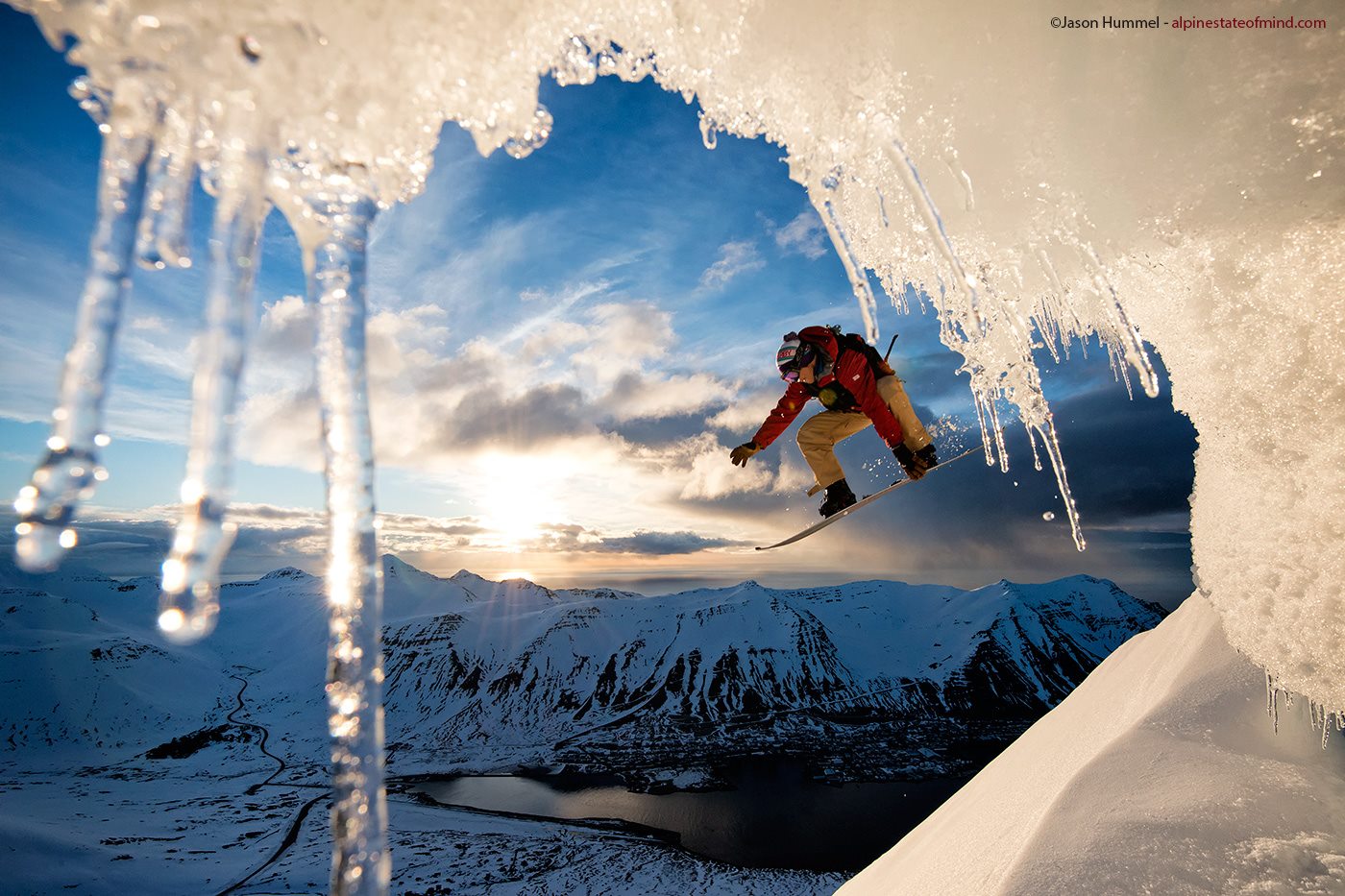 Snowboarding off the summit of Hestskarðshnjúkur in Northern Iceland. Photo by Jason Hummel