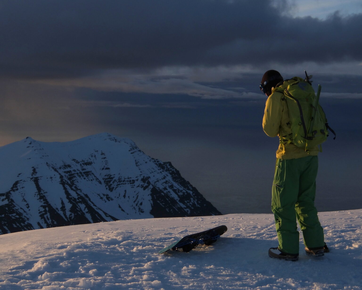 Preparing for our snowboard run off the summit of Hestskarðshnjúkur