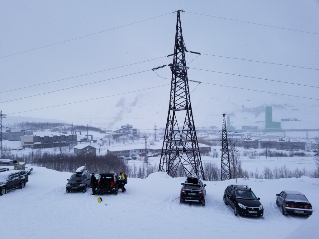 The busy parking lot at 25 km ski center in the Khibiny Mountains of Russia