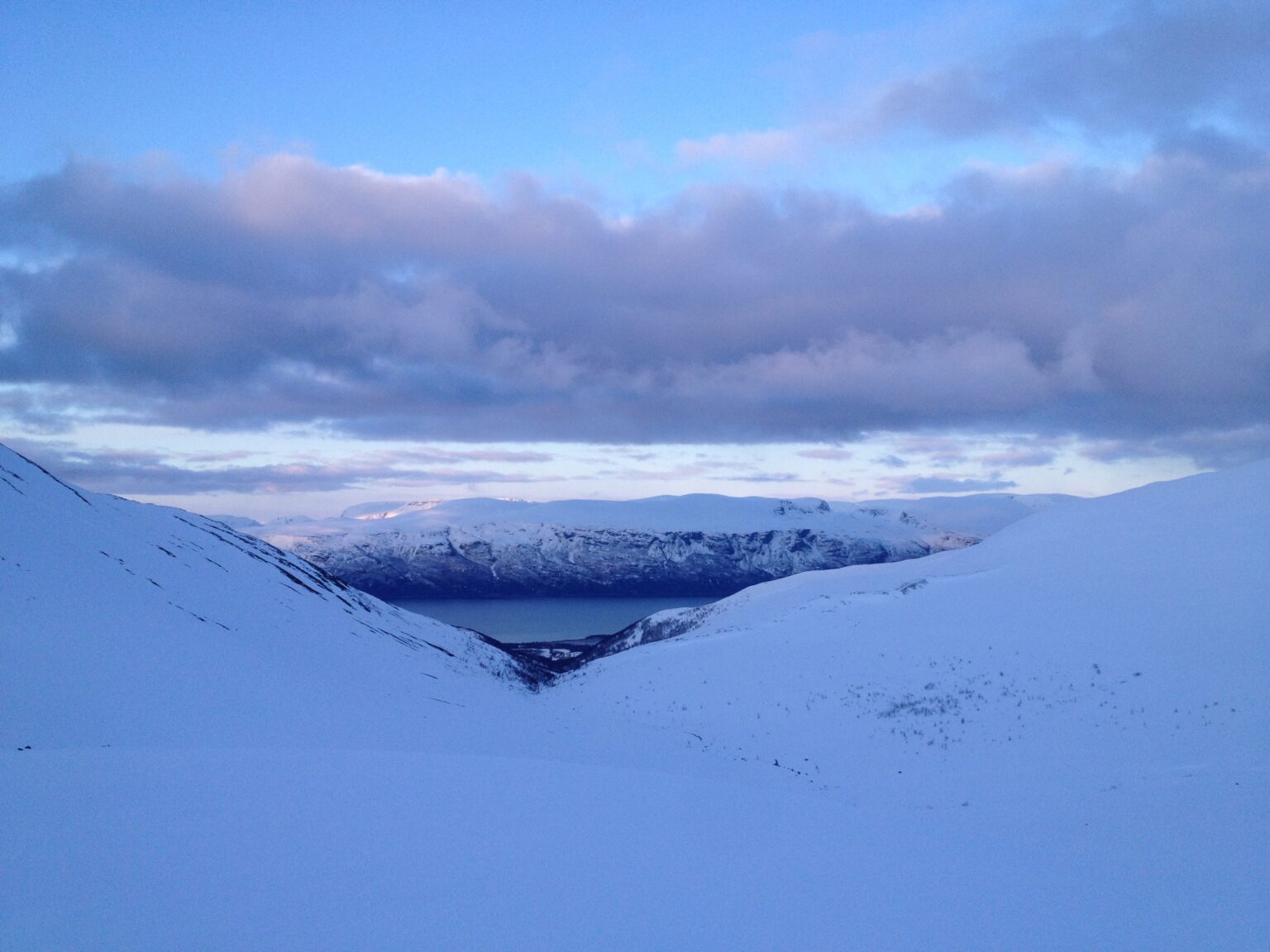 Looking into the Kvalvikdalen Valley at sunset