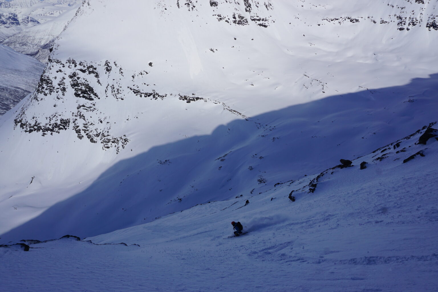 Skiing down the exposed section of the Morning Mission