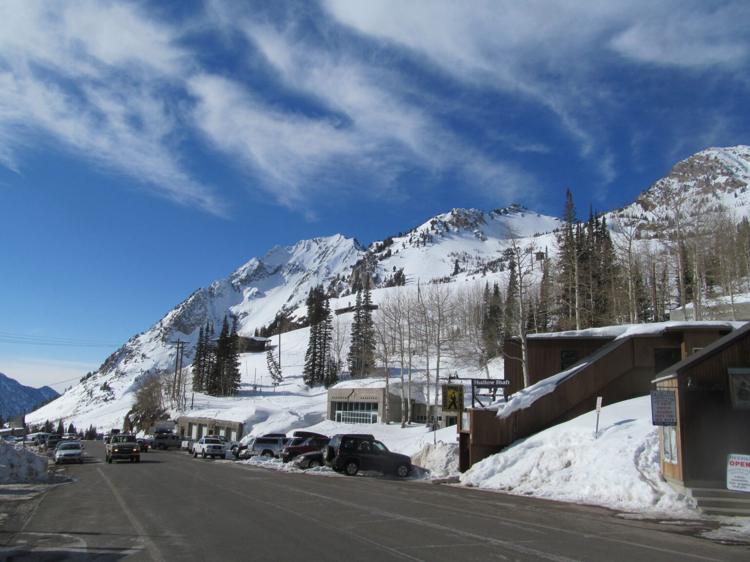 Looking up at our ski touring line from Alta Parking lot