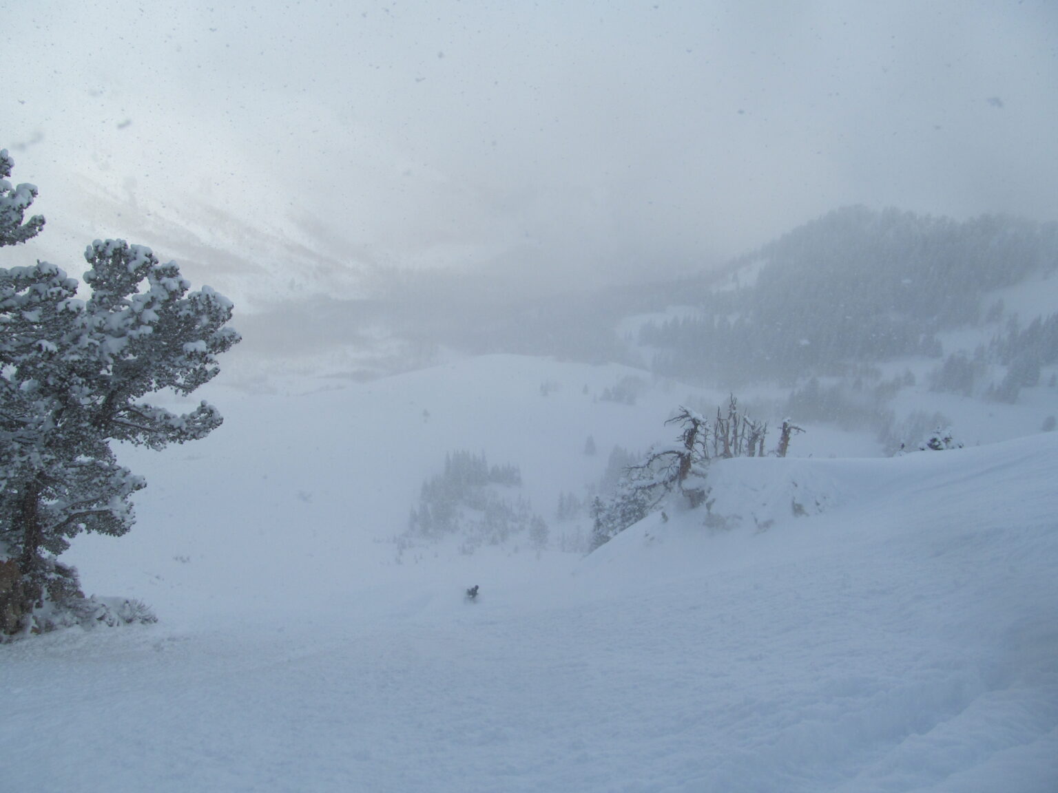 Snowboarding down the lower apron of the East face of Mount Raymond